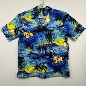 Vintage Royal Shirt Men's‎ XL Blue Black Island Boat Made In Hawaii USA Hawaiian